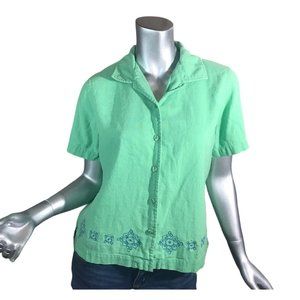 Kim Rogers Women's Medium Green Linen Blend Button Front Top Embroidered Hem
